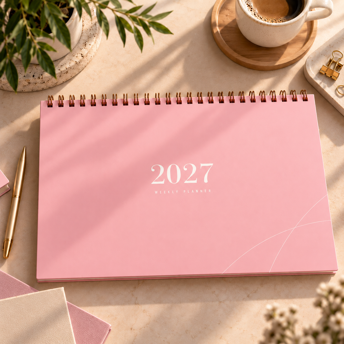2027 Haftalık ve Aylık Planlayıcı – Yatay A4, Pembe, 132 Sayfa