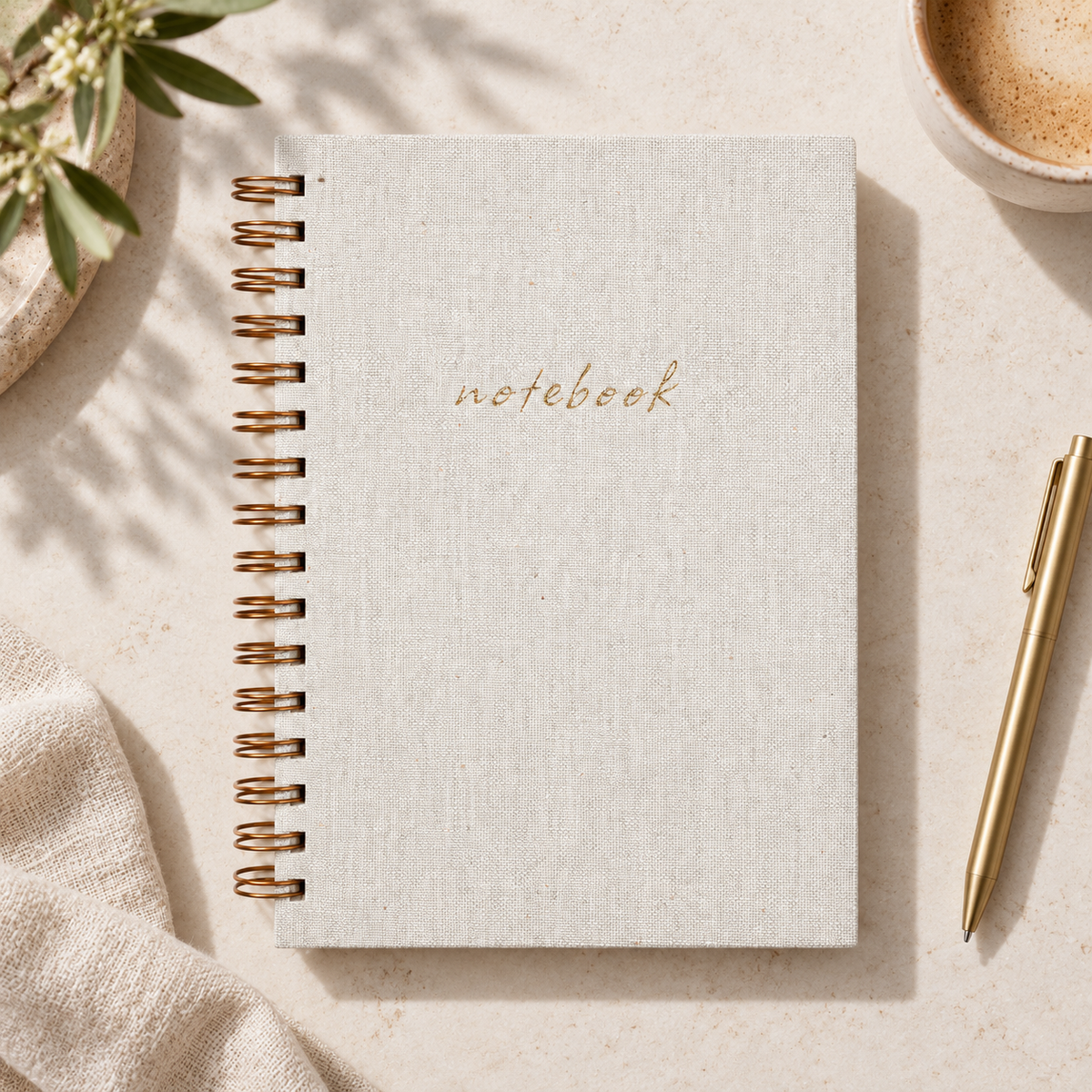 Krem Keten Dokulu Sert Kapak Spiralli Çizgili Defter 17 × 24 cm – 80 Yaprak, 110 gr Ivory