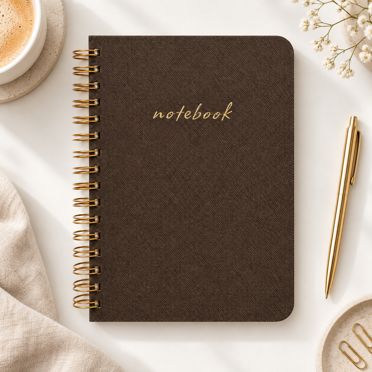 Kahverengi Keten Dokulu Sert Kapak Spiralli Çizgili Defter 17 × 24 cm – 80 Yaprak, 110 gr Ivory