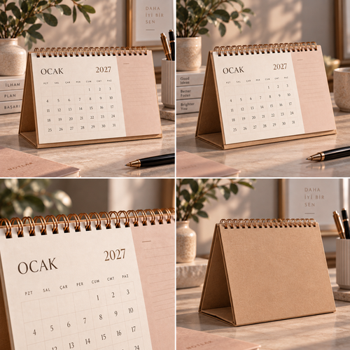 2027 Not Alanlı Spiralli Masa Takvimi – 25 × 18 cm, Kraft Mukavva Taşıyıcı