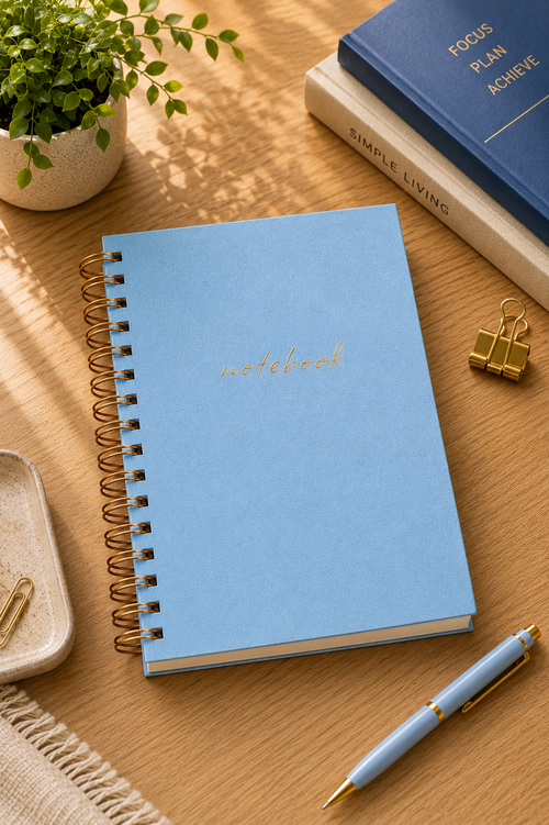 Gold Metal Spiralli Keten Dokulu Notebook - Açık Mavi