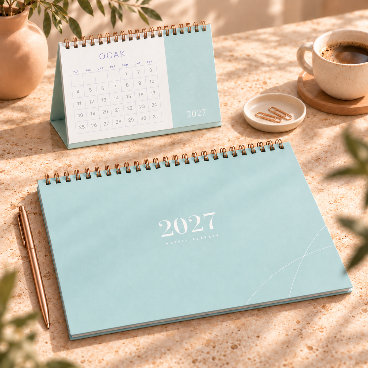 2027 Not Alanlı Spiralli Masa Takvimi – 21 × 13 cm, Kraft Mukavva Taşıyıcı Buz Mavisi