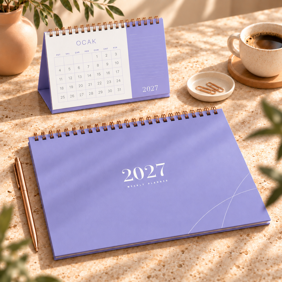 2027 Aylık Planlayıcı Masa Takvimi – Günlük Not Alanlı, 21 × 13 cm