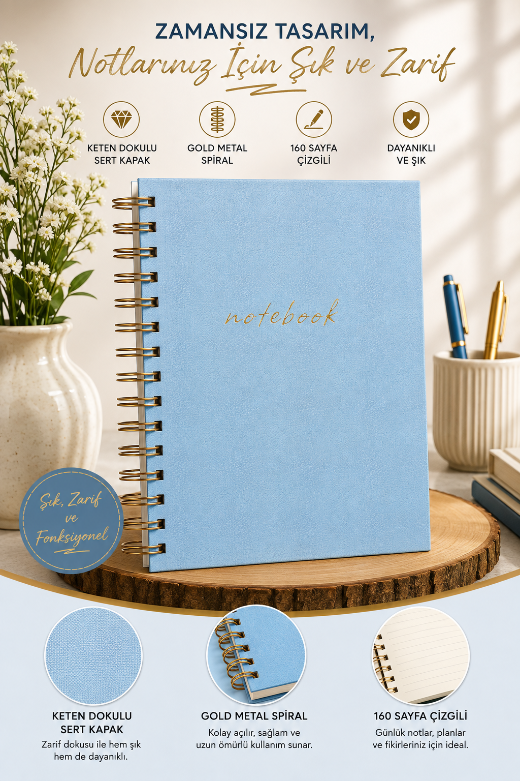 Gold Metal Spiralli Keten Dokulu Notebook - Açık Mavi