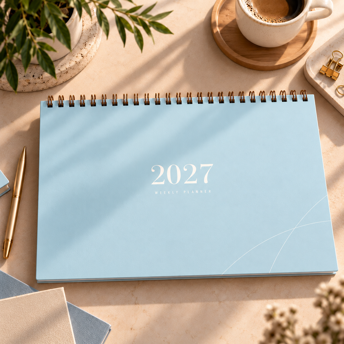 2027 Haftalık ve Aylık Planlayıcı – Yatay A4, Pastel Mavi, 132 Sayfa