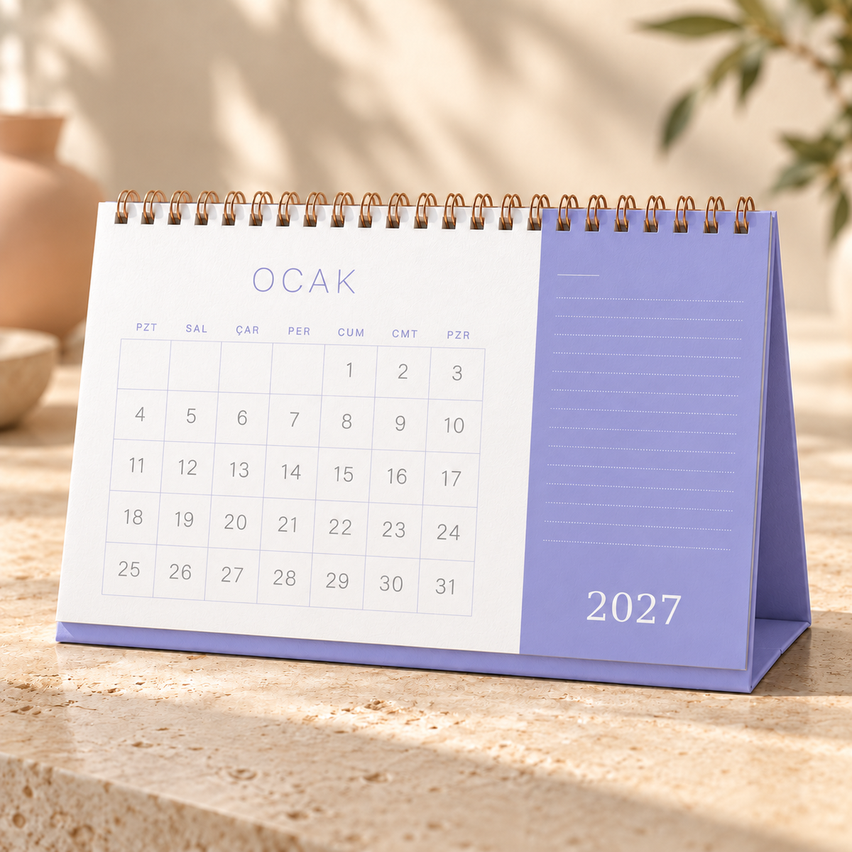 2027 Aylık Planlayıcı Masa Takvimi – Günlük Not Alanlı, 21 × 13 cm
