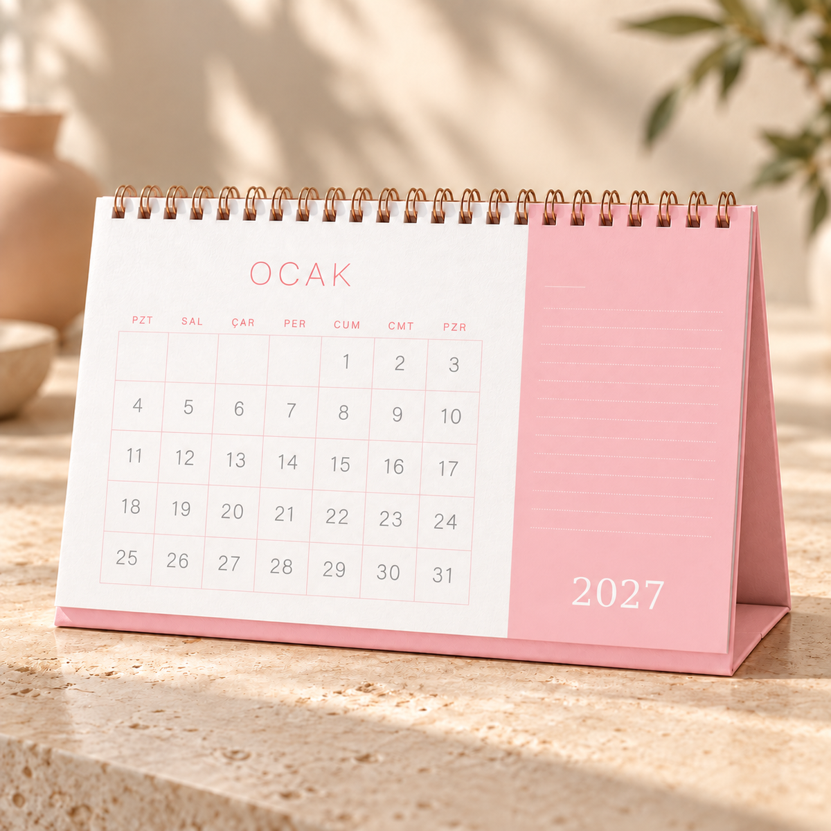 2027 Not Alanlı Spiralli Masa Takvimi – 21 × 13 cm, Kraft Mukavva Taşıyıcı